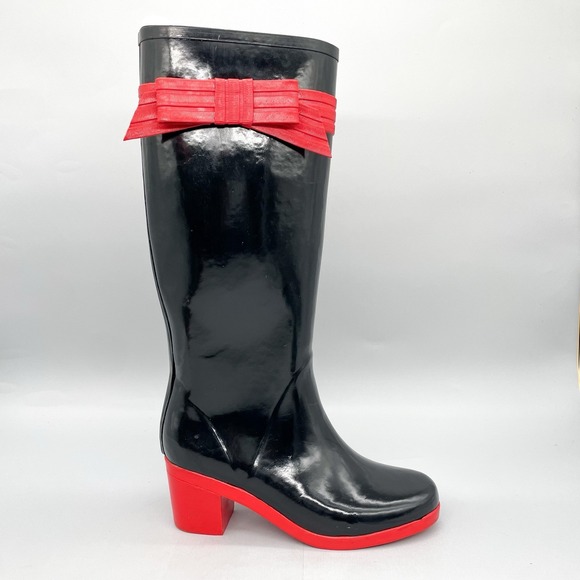 Kate Spade Womens 7 Randi Rain Boots Shoe Black Red Bow Rubber Block Heel Shiny - Picture 1 of 12